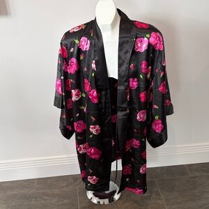 New Floral Satin Kimono Robe - Black and Pink with black silk tie belt.